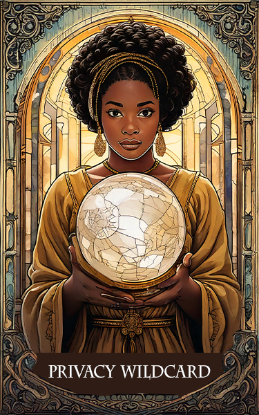 The Privacy Wildcard, a Black woman, guides a floating, cracked, magical sphere in front of a glowing stained-glass window.